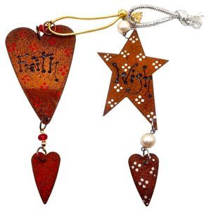 Lot Of 2 Heart Star Dangle Metallic Christmas Ornaments Rustic Metal Beads Hope
